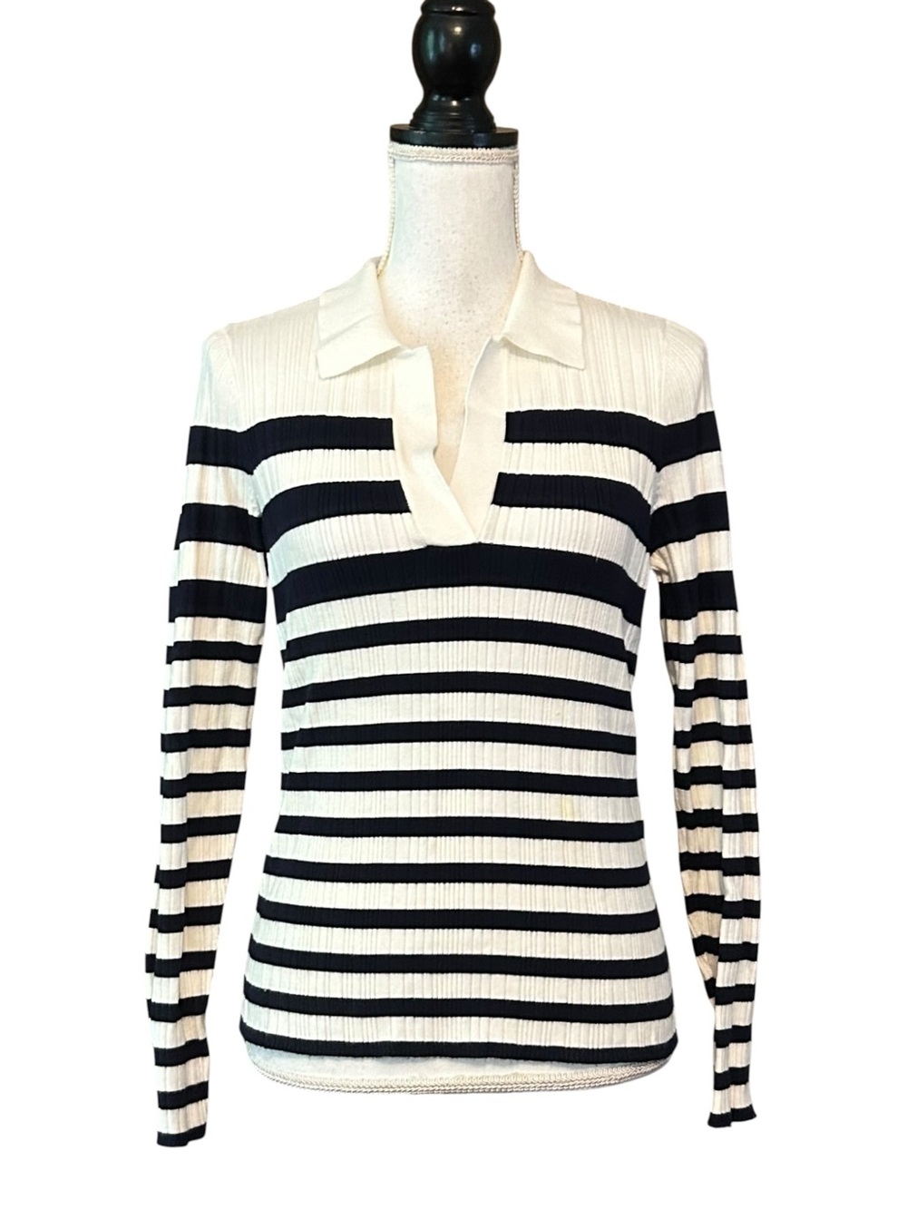 WHBM Ribbed Collar Pullover Sweater SZ Medium in Julia Stripe Ecru - Picture 4 of 9